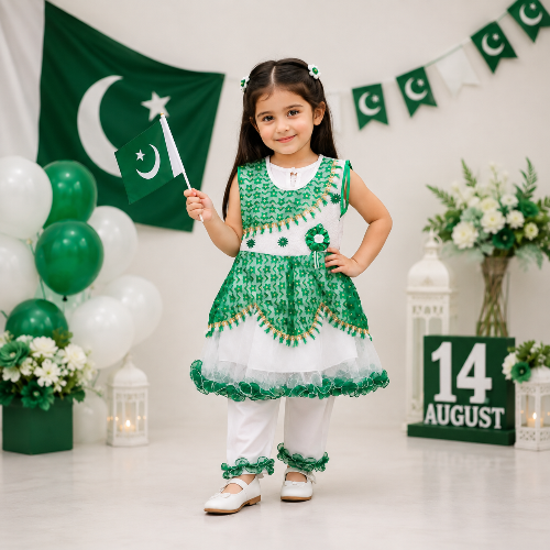 14 August 2 Pcs Girl's Fancy Embroidered Frock And Trouser Set