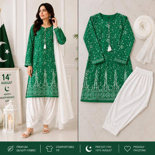 3 Pcs Women's Stitched Arabic Lawn Block Printed Suit with Shalwar